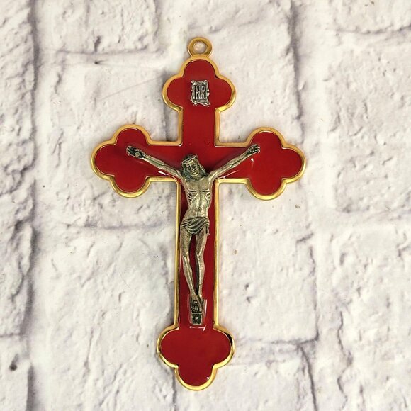 Gold Metal & Red Enamel Crucifix Jesus Wall Figure INRI Inscription 7x4.5" Italy - Picture 1 of 9